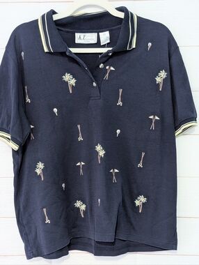 Vintage K.T Golf ⛳ ⛳ Navy Palm Tree & Golf Motif Polo Shirt Plus Size 1X